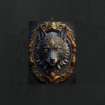 Dark aesthetic wolf poster with intricate gold detailing and mysterious amber eyes.