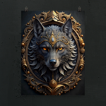 Dark aesthetic wolf poster with intricate gold detailing and mysterious amber eyes.