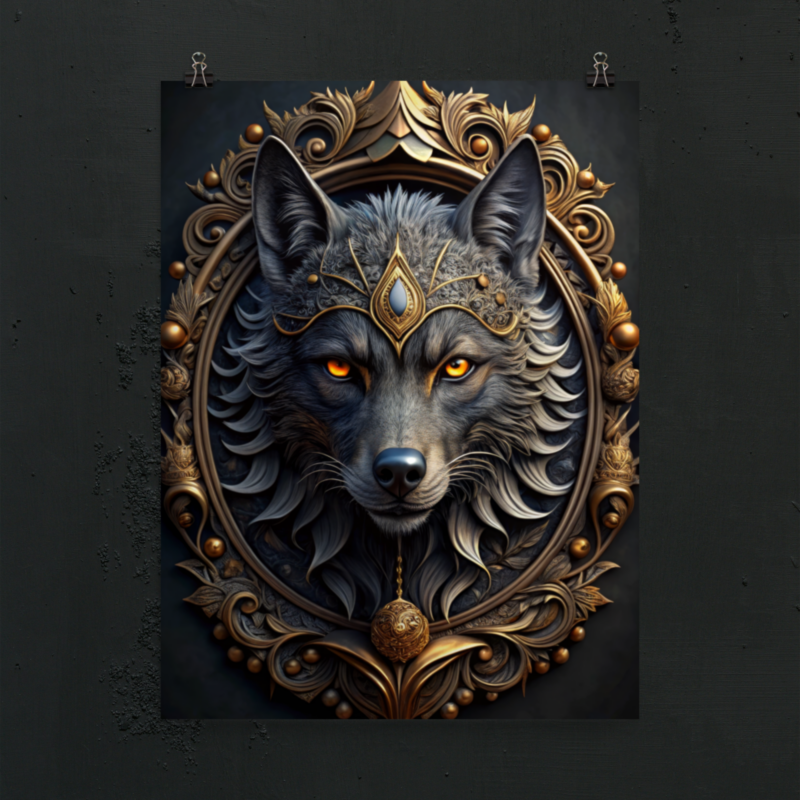 Dark aesthetic wolf poster with intricate gold detailing and mysterious amber eyes.