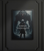 Framed poster with the motivational text 'Surpass Your Limits' in bold typography on a dark, sophisticated background, mounted on a black textured wall
