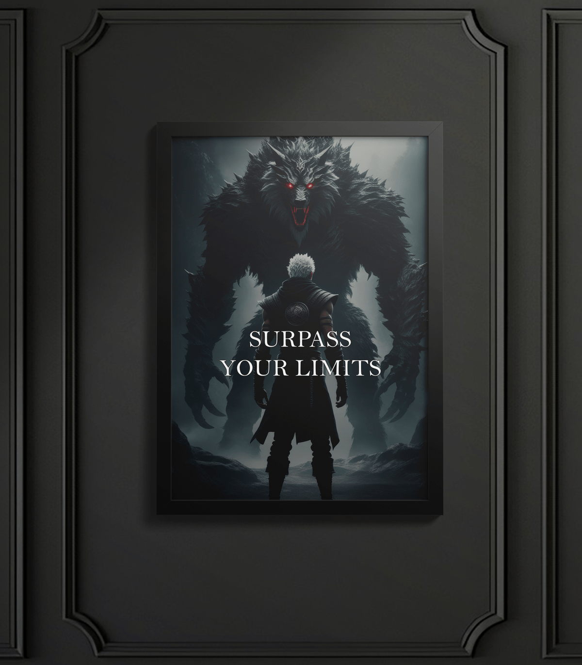 Surpass Your Limits – Framed Motivational Wall Art Framed poster with the motivational text 'Surpass Your Limits' in bold typography on a dark, sophisticated background, mounted on a black textured wall